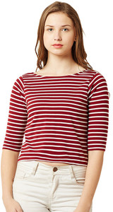 Miss Chase Casual Half Sleeve Striped Women's Maroon, White Top