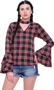 Marzeni Casual Bell Sleeve Checkered Women Multicolor Top