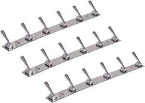 Smart Shophar PACK OF 3 Capsule DELUXE 6 Pin Bathroom Cloth Hanger Robe Wall Hooks Rail For Hanging Keys,Clothes,Towel Steel Hook 6 - Pronged Hook Rail
