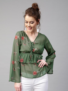 Sassafras Casual Bell Sleeve Floral Print Women Green, Red Top