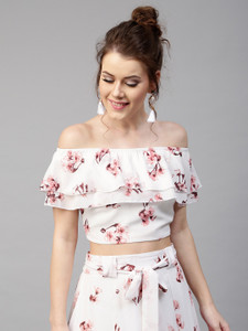 Sassafras Casual Noodle strap Floral Print Women White, Pink Top