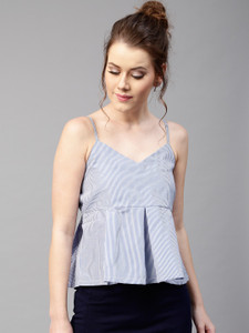 Sassafras Casual Noodle strap Striped Women Blue Top