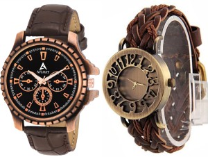 Afloat 1082-Stylish Analog Copper & Brown Trendy Couple Combo Watch  - For Couple