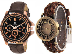 Afloat 1082-Stylish Analog Copper & Brown Trendy Couple Combo Watch - For Couple