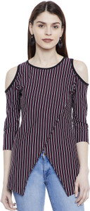 Hypernation Casual 3/4th Sleeve Striped Women's Maroon, Black, White Top