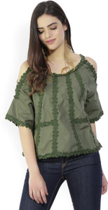 Tokyo Talkies Casual Half Sleeve Self Design Women's Dark Green Top