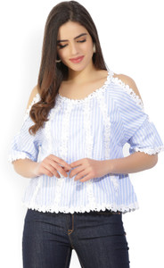 Tokyo Talkies Casual Half Sleeve Self Design Women's White, Blue Top