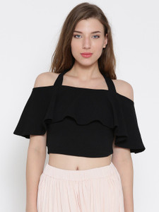 Veni Vidi Vici Casual Half Sleeve Solid, Stylised, Self Design Women's Black Top