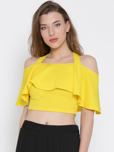 Veni Vidi Vici Casual Half Sleeve Solid, Stylised, Self Design Women's Yellow Top