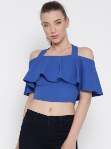 Veni Vidi Vici Casual Half Sleeve Solid, Stylised, Self Design Women's Blue Top