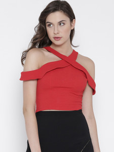 Veni Vidi Vici Party Shoulder Strap, Short Sleeve Solid, Stylised, Self Design Women's Red Top