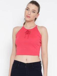 Veni Vidi Vici Casual Sleeveless, Shoulder Strap Solid, Self Design, Stylised, Lace Women's Pink Top