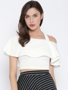 Veni Vidi Vici Casual Half Sleeve Solid, Stylised, Self Design Women's White Top