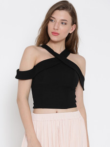 Veni Vidi Vici Party Shoulder Strap, Short Sleeve Solid, Stylised, Self Design Women's Black Top