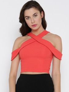 Veni Vidi Vici Party Shoulder Strap, Short Sleeve Solid, Stylised, Self Design Women's Orange Top