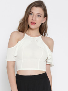 Veni Vidi Vici Casual Shoulder Strap, Shoulder Strap Solid, Self Design, Stylised Women's White Top
