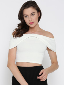 Veni Vidi Vici Casual Cap Sleeve Solid, Stylised, Self Design Women's White Top
