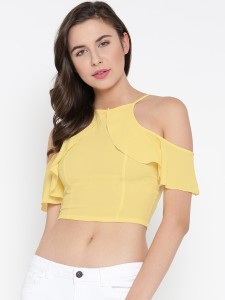 Veni Vidi Vici Casual Shoulder Strap, Shoulder Strap Solid, Self Design, Stylised Women's Yellow Top