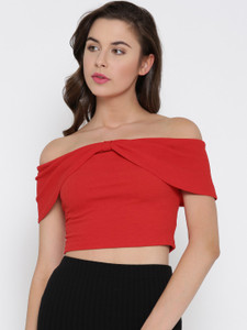 Veni Vidi Vici Casual Cap Sleeve Solid, Stylised, Self Design Women's Red Top