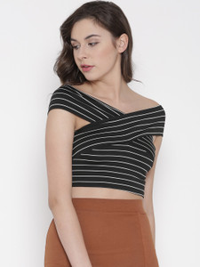 Veni Vidi Vici Party Cap Sleeve, Short Sleeve Striped Women's Black Top