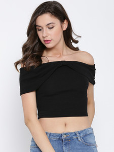 Veni Vidi Vici Casual Cap Sleeve Solid, Stylised, Self Design Women's Black Top