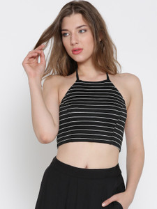 Veni Vidi Vici Beach Wear Sleeveless, Shoulder Strap Striped Women's Black Top