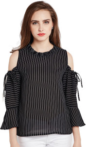 Rare Casual 3/4th Sleeve Striped Women Black Top