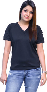 Chauhan Solid Women's V-neck Black T-Shirt