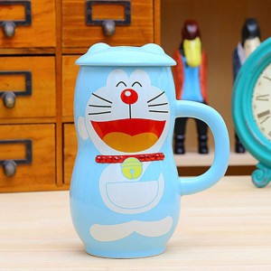 BonZeal Laughing Cartoon Doraemon Ceramic Milk Tea / Coffee Beverage with Lid Ceramic Mug