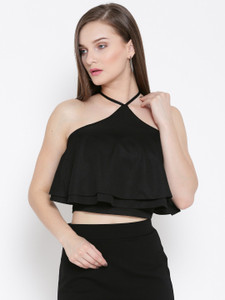 Veni Vidi Vici Party Sleeveless, Noodle strap, Shoulder Strap Solid, Self Design, Stylised Women's Black Top