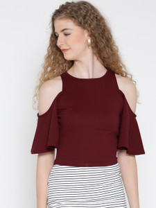 Veni Vidi Vici Casual Short Sleeve, Cap Sleeve, Half Sleeve Solid, Self Design, Stylised Women's Maroon, Red Top