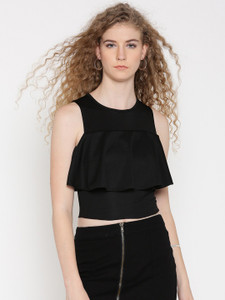 Veni Vidi Vici Casual Sleeveless Solid, Self Design, Stylised Women's Black Top