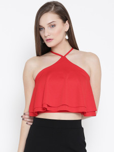 Veni Vidi Vici Party Sleeveless, Noodle strap, Shoulder Strap Solid, Self Design, Stylised Women's Red Top