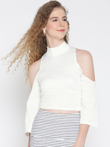 Veni Vidi Vici Casual Full Sleeve, Bell Sleeve, 3/4th Sleeve, Kimono Sleeve Solid, Self Design, Stylised Women's White Top