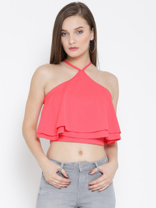 Veni Vidi Vici Party Sleeveless, Noodle strap, Shoulder Strap Solid, Self Design, Stylised Women's Pink Top