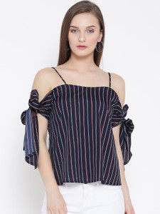 Veni Vidi Vici Casual Short Sleeve, Cap Sleeve, Shoulder Strap, Noodle strap Striped, Graphic Print, Printed, Self Design, Stylised, Woven Women's Multicolor, Blue, White, Red, Dark Blue Top