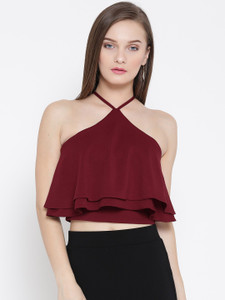 Veni Vidi Vici Party Sleeveless, Noodle strap, Shoulder Strap Solid, Self Design, Stylised Women's Maroon, Red Top