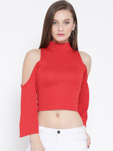 Veni Vidi Vici Casual Full Sleeve, Bell Sleeve, 3/4th Sleeve, Kimono Sleeve Solid, Self Design, Stylised Women's Red Top