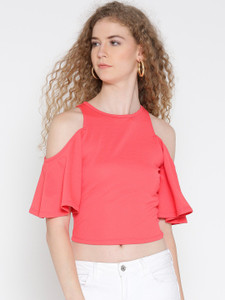 Veni Vidi Vici Casual Short Sleeve, Cap Sleeve, Half Sleeve Solid, Self Design, Stylised Women's Pink, Red, Orange Top