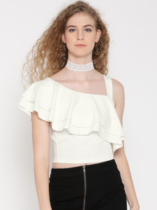 Veni Vidi Vici Party Short Sleeve, Cap Sleeve, Shoulder Strap, Half Sleeve Solid, Self Design, Stylised Women's White Top