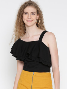 Veni Vidi Vici Party Short Sleeve, Cap Sleeve, Shoulder Strap, Half Sleeve Solid, Self Design, Stylised Women's Black Top