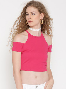 Veni Vidi Vici Casual Short Sleeve, Cap Sleeve, Shoulder Strap, Noodle strap Solid, Self Design, Stylised Women's Pink, Red Top