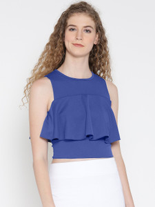 Veni Vidi Vici Casual Sleeveless Solid, Self Design, Stylised Women's Blue, Dark Blue Top