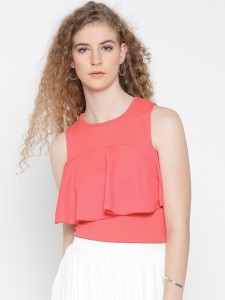 Veni Vidi Vici Casual Sleeveless Solid, Self Design, Stylised Women's Pink, Red, Orange Top