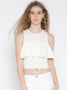 Veni Vidi Vici Casual Sleeveless Solid, Self Design, Stylised Women's White Top