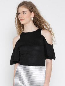 Veni Vidi Vici Casual Short Sleeve, Cap Sleeve, Half Sleeve Solid, Self Design, Stylised Women's Black Top