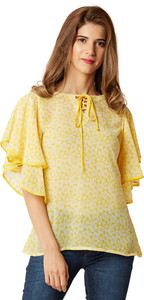 Miss Chase Casual Half Sleeve Floral Print Women's Yellow Top