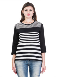 Kalt Casual 3/4th Sleeve Striped Women Black Top
