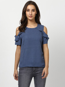 Harpa Casual Half Sleeve Checkered Women's Blue Top