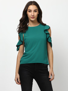 Harpa Casual Half Sleeve Solid Women's Green Top